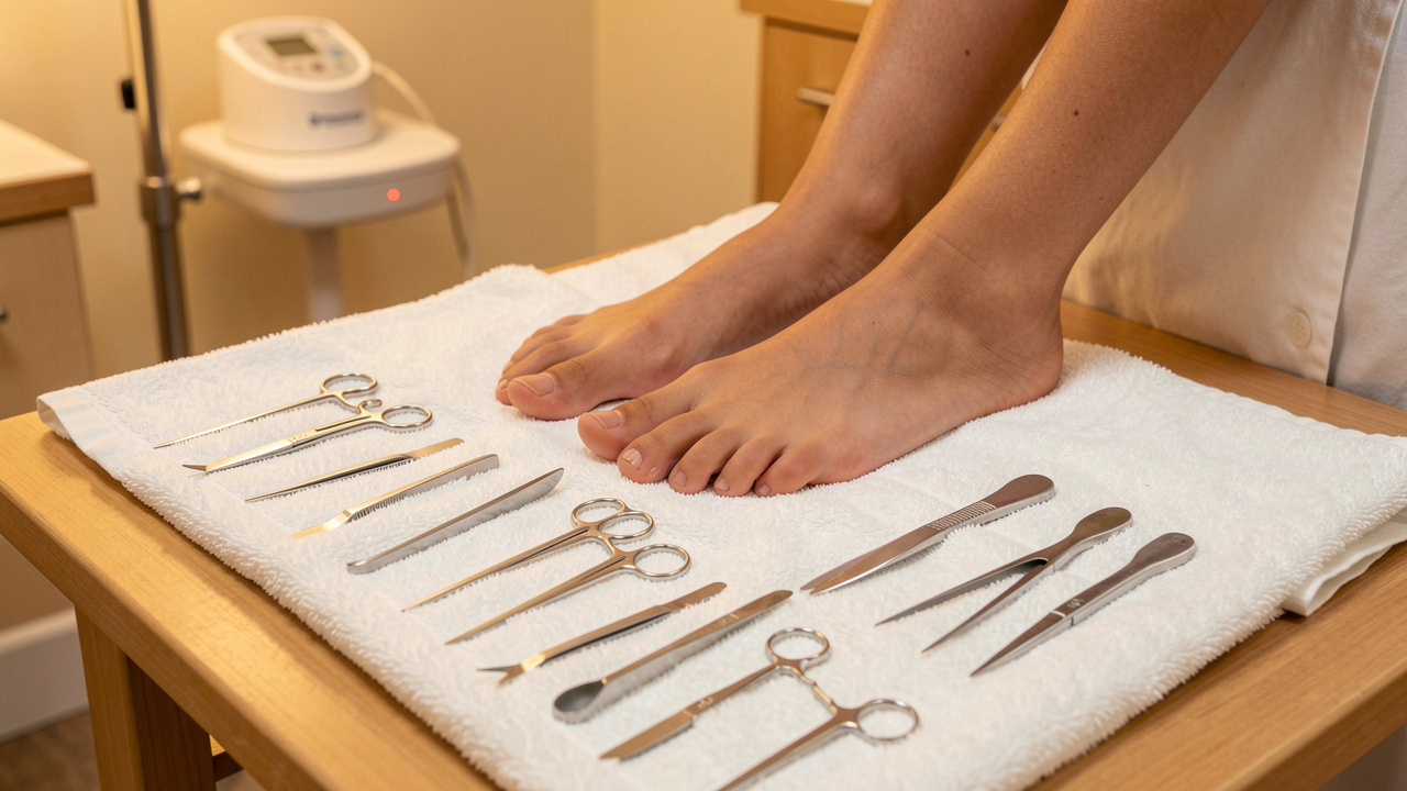 Jalat ja hoitovälineet valkoisen pyyhkeen päällä hoitohuoneessa