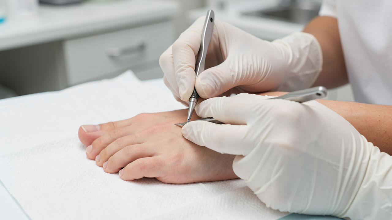 Jalkahoitaja käsittelee varpaankynttä tarkkuusvälineellä