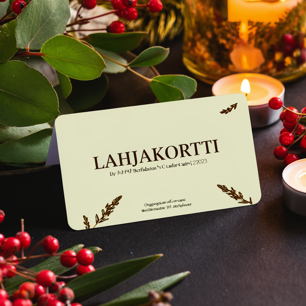 Lahjakortti kynttilöiden ja punaisten marjojen ympäröimänä