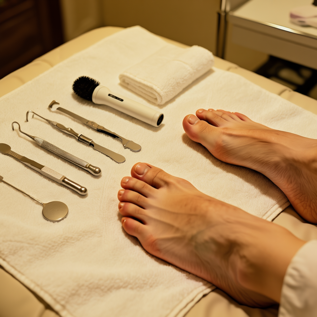 Jalat ja jalkahoitovälineet valkoisella pyyhkeellä